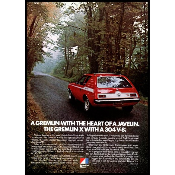 1972 AMC Gremlin X with Heart of a Javelin Vintage Print Ad Trees Classic Car - Picture 1 of 1